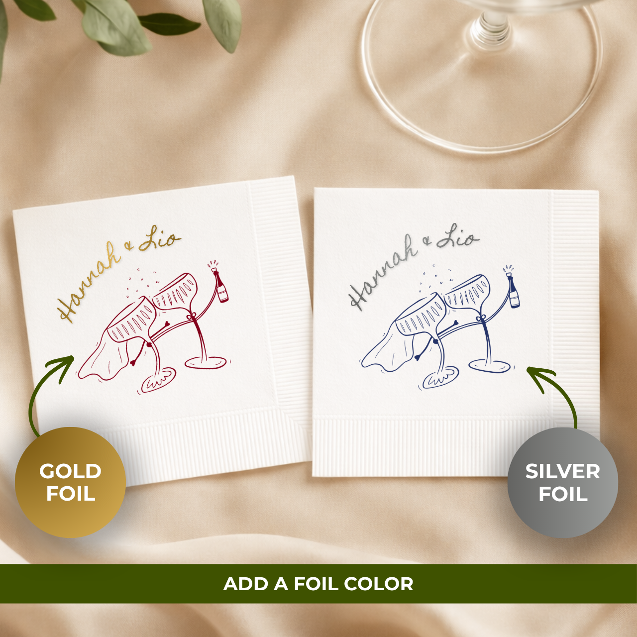 Whimsical Champagne Coupes | Names & Date | Personalized Wedding Napkins