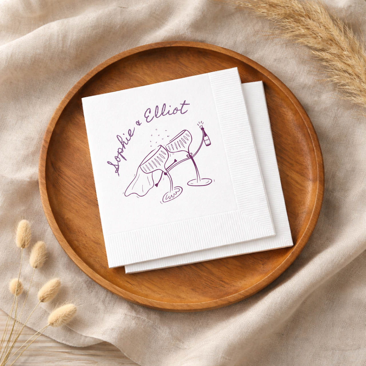 Whimsical Champagne Coupes | Names & Date | Personalized Wedding Napkins