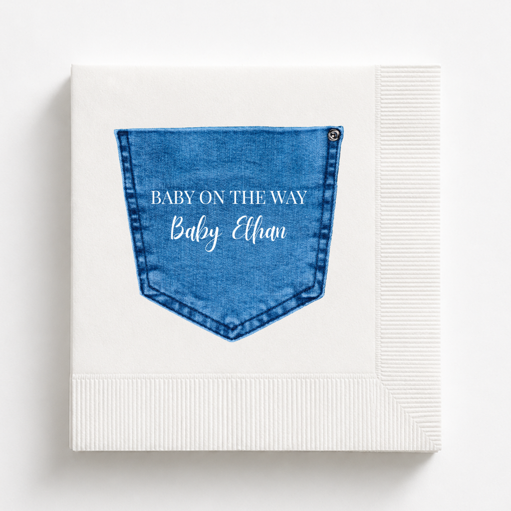 Denim Pocket baby shower napkins personalized with a name