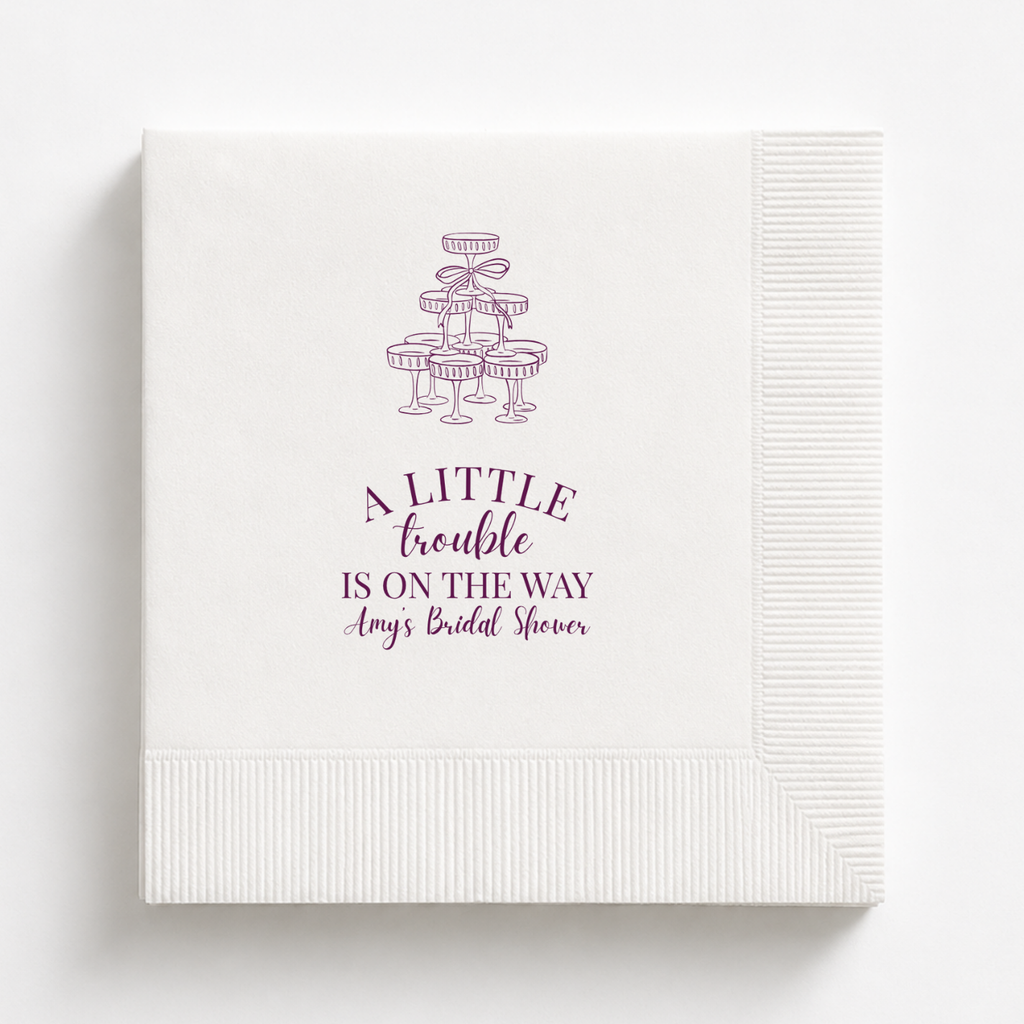 A Little Trouble On The Way bridal shower napkins personalized with a name