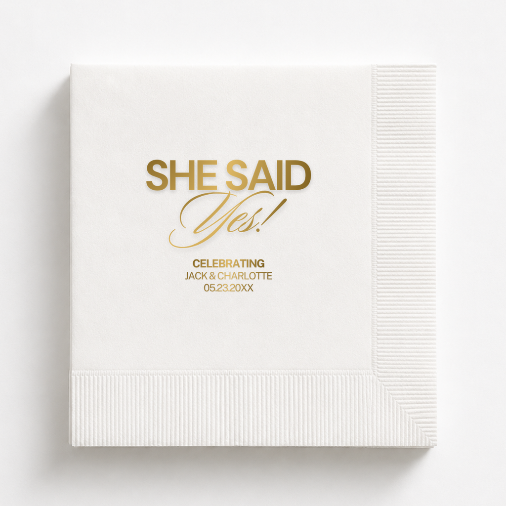 She Said Yes Bold | Names & Date | Personalized Engagement Napkins
