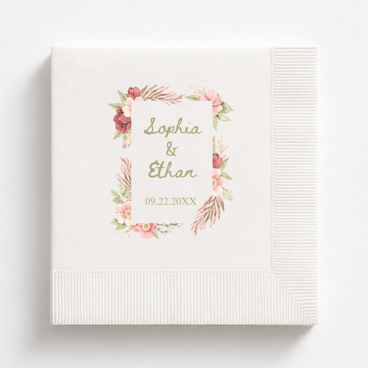 Floral Frame wedding napkins personalized with names and date