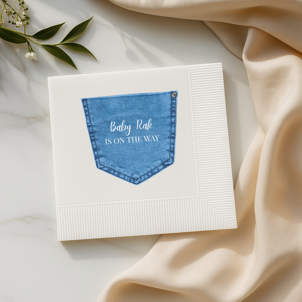 Close-up of the Denim Pocket design on personalized baby shower napkins