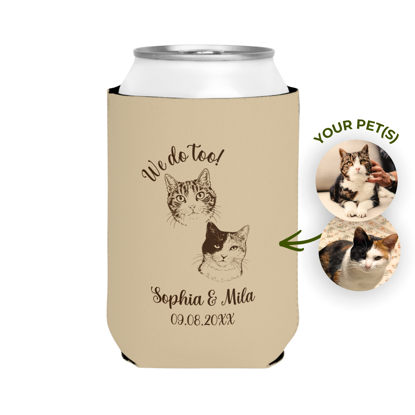 We Do Too Pet Portrait | Pets, Names & Date | Personalized Pet Wedding Can Coolers