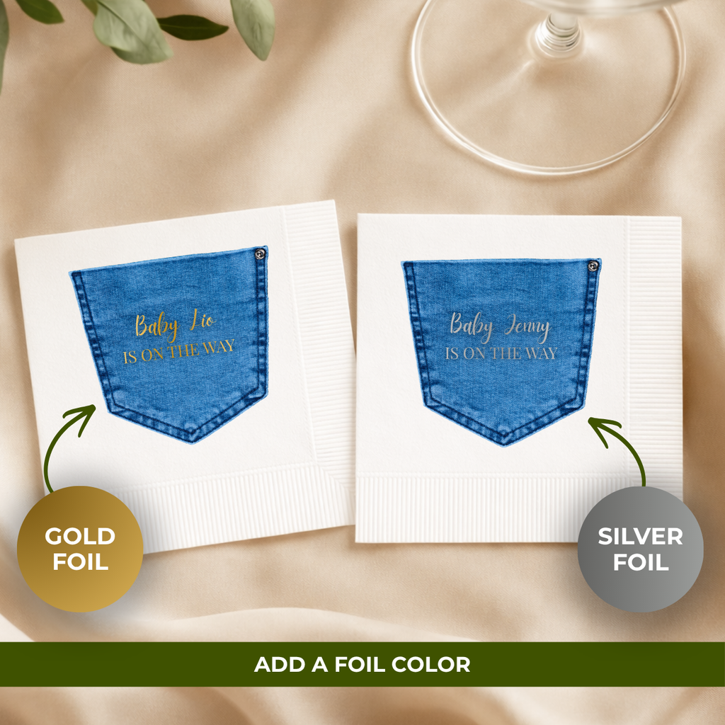 Denim Pocket baby shower napkins styled on a party table