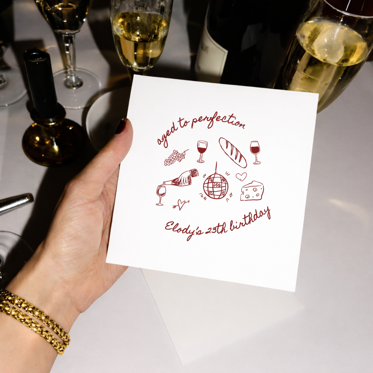 Custom birthday napkins with the Aged to Perfection Party Doodles design