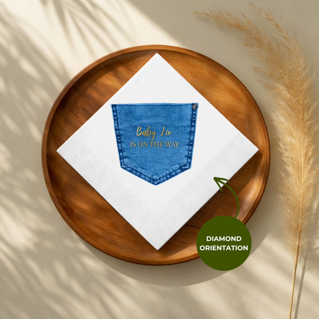 Denim Pocket baby shower cocktail napkins with custom wording