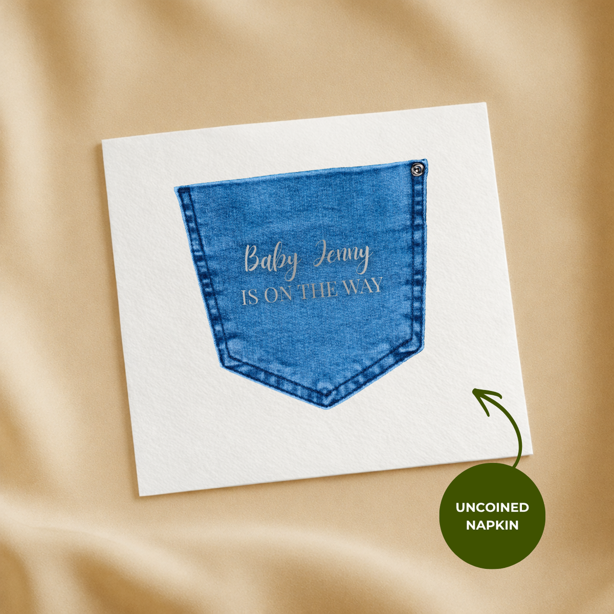 Custom baby shower napkins in cocktail, luncheon and guest towel sizes, Denim Pocket design