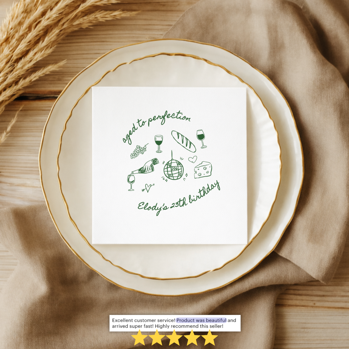 Close-up of the Aged to Perfection Party Doodles design on personalized birthday napkins