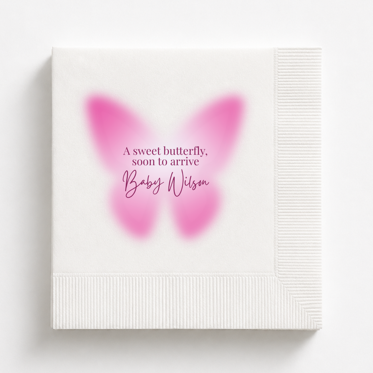 Sweet Butterfly baby shower napkins personalized with a name and date