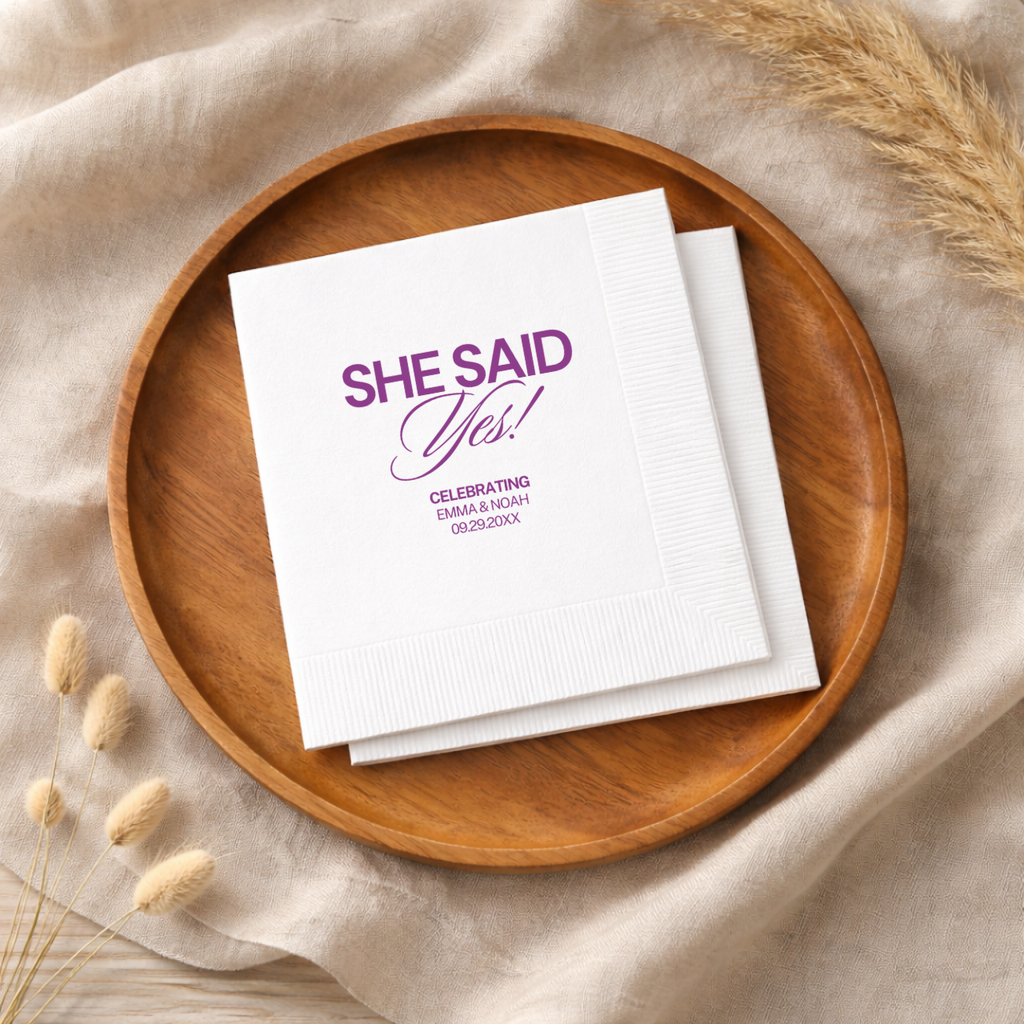 She Said Yes Bold | Names & Date | Personalized Engagement Napkins