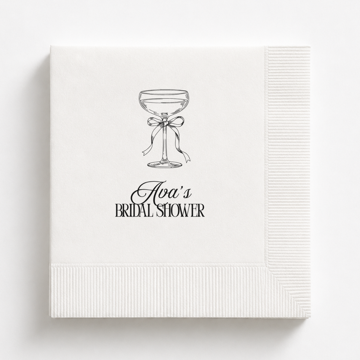 Coupe Glass & Bow bridal shower napkins personalized with a name
