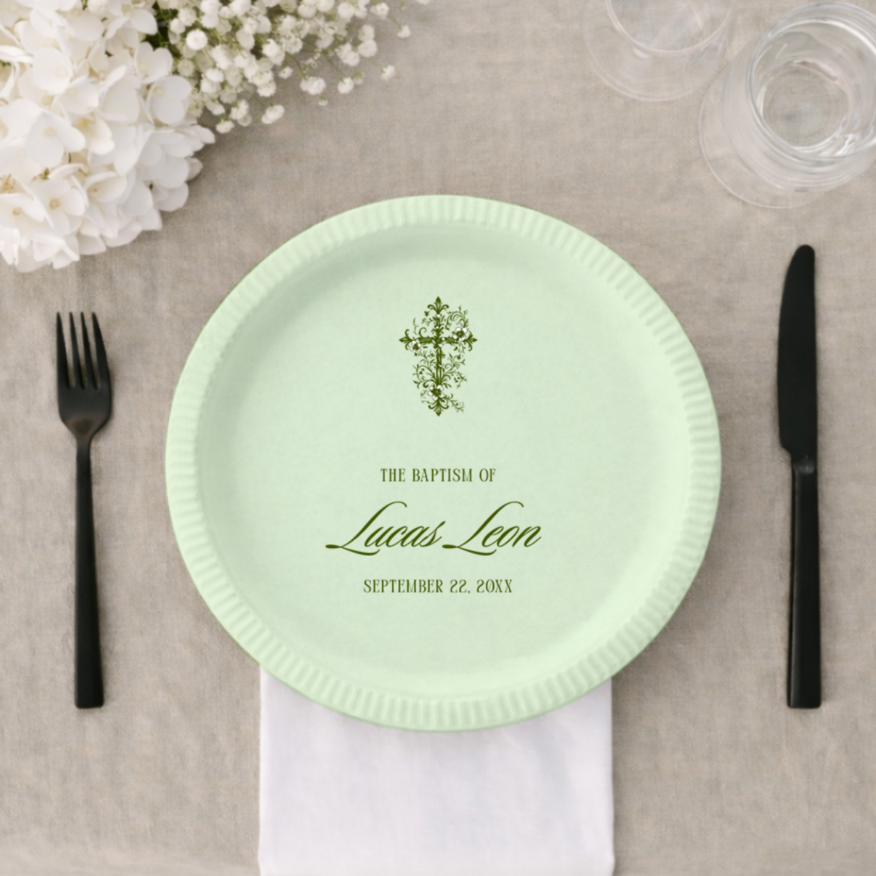 Ornate Cross | Name & Date | Personalized Baptism Plates
