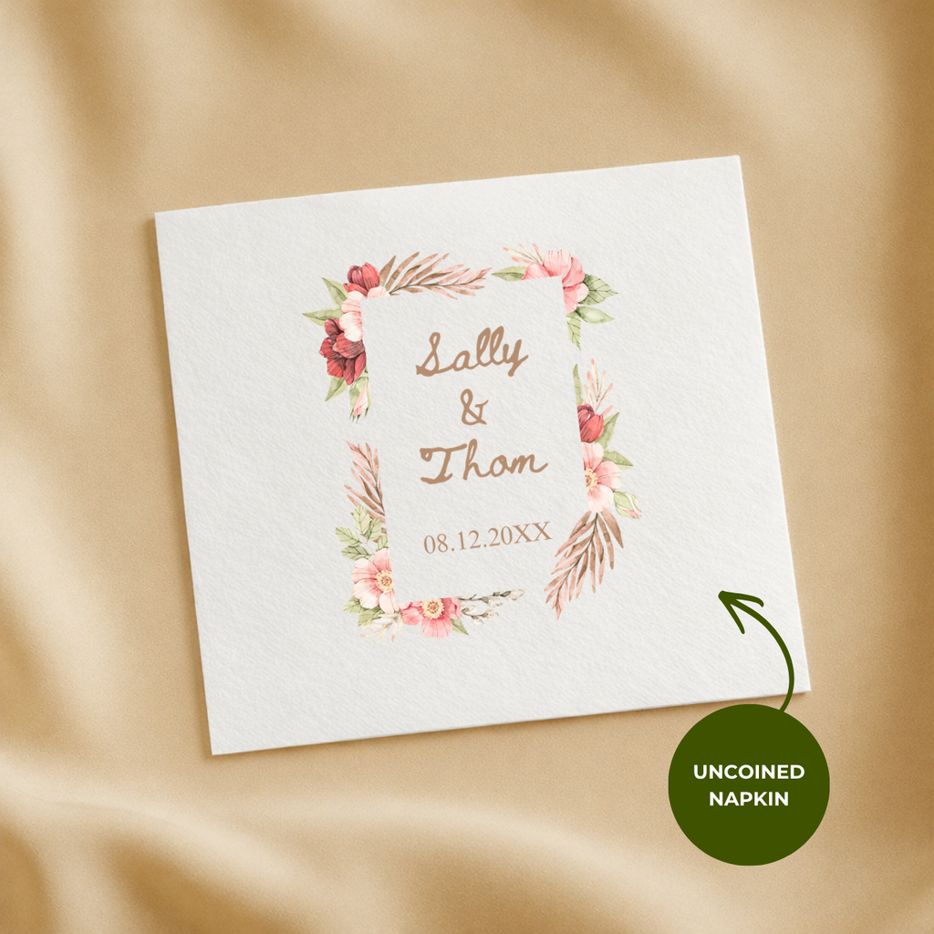 Custom wedding napkins in cocktail, luncheon and guest towel sizes, Floral Frame design