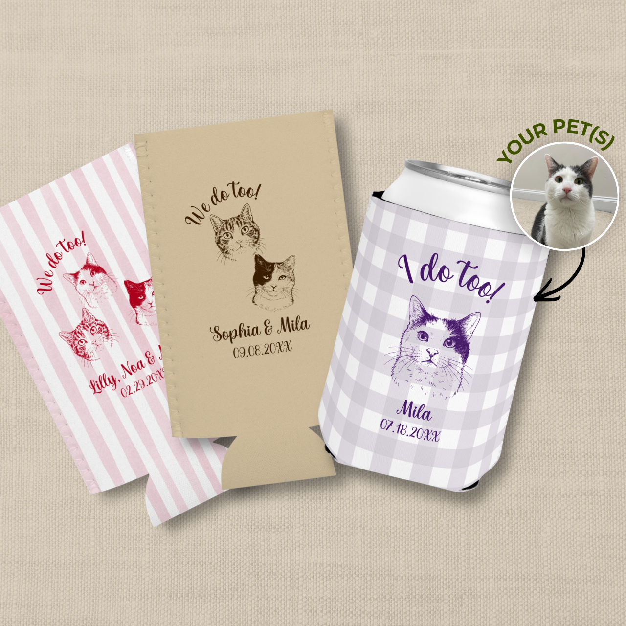 We Do Too Pet Portrait | Pets, Names & Date | Personalized Pet Wedding Can Coolers