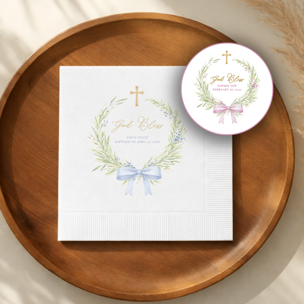 Greenery Wreath & Bow | Name & Date | Personalized Baptism Napkins