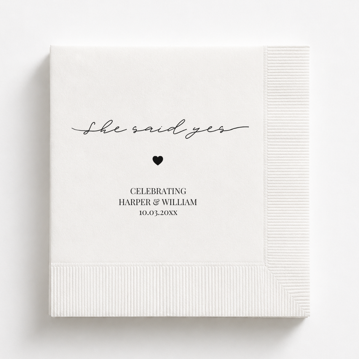 She Said Yes Script engagement napkins personalized with names and date