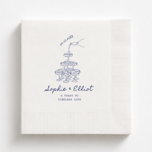 Champagne Tower Toast wedding napkins personalized with names and date