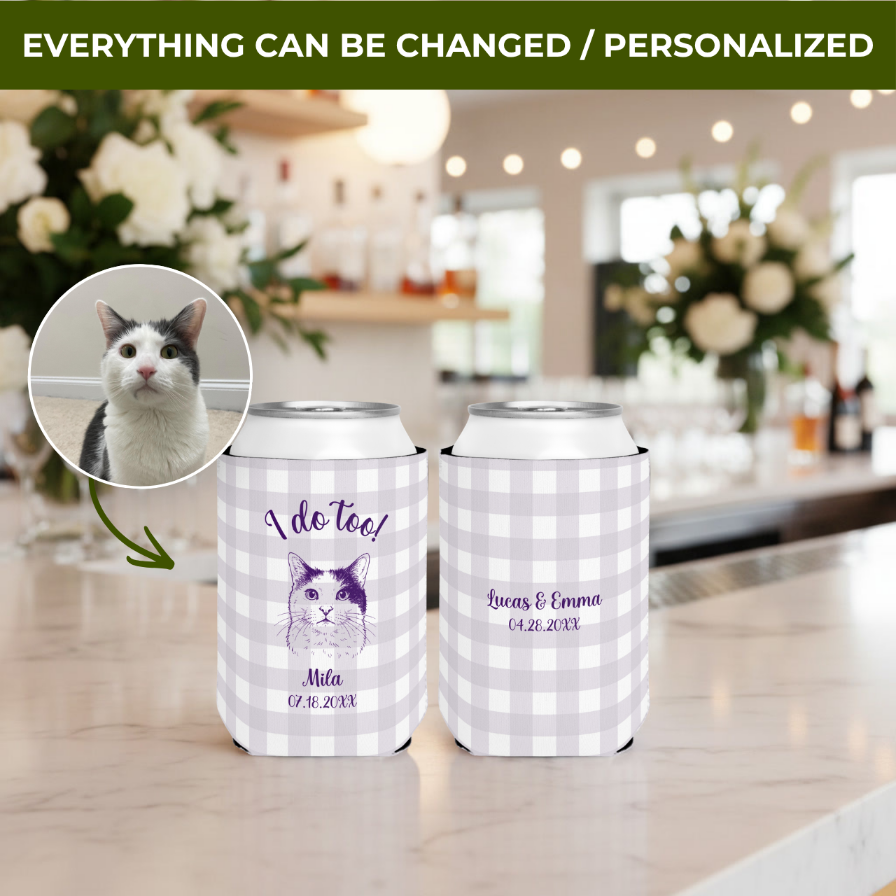 We Do Too Pet Portrait | Pets, Names & Date | Personalized Pet Wedding Can Coolers