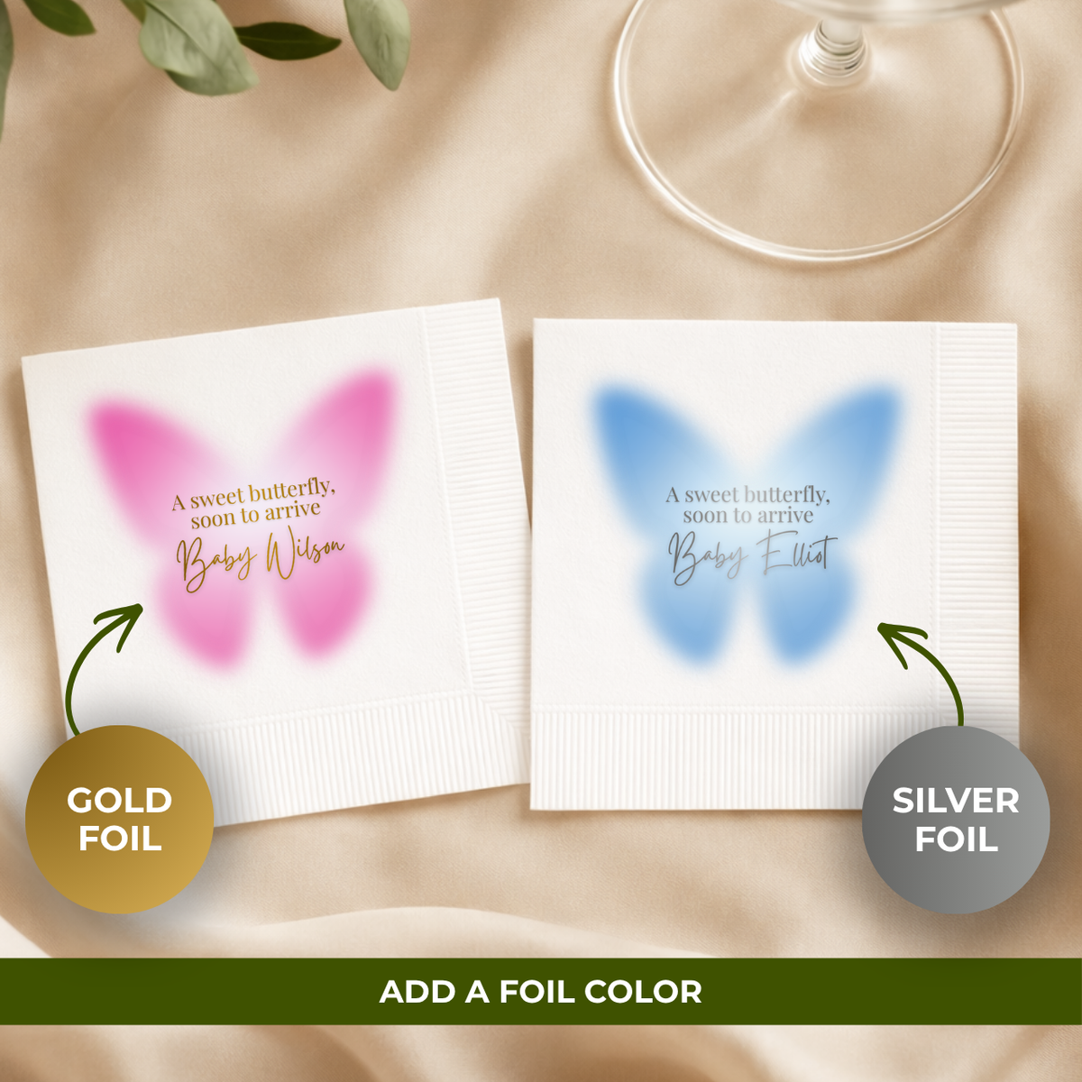 Sweet Butterfly baby shower cocktail napkins with custom wording