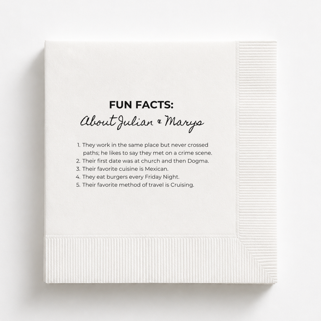About The Couple Fun Facts | Names & Your Fun Facts | Personalized Wedding Napkins