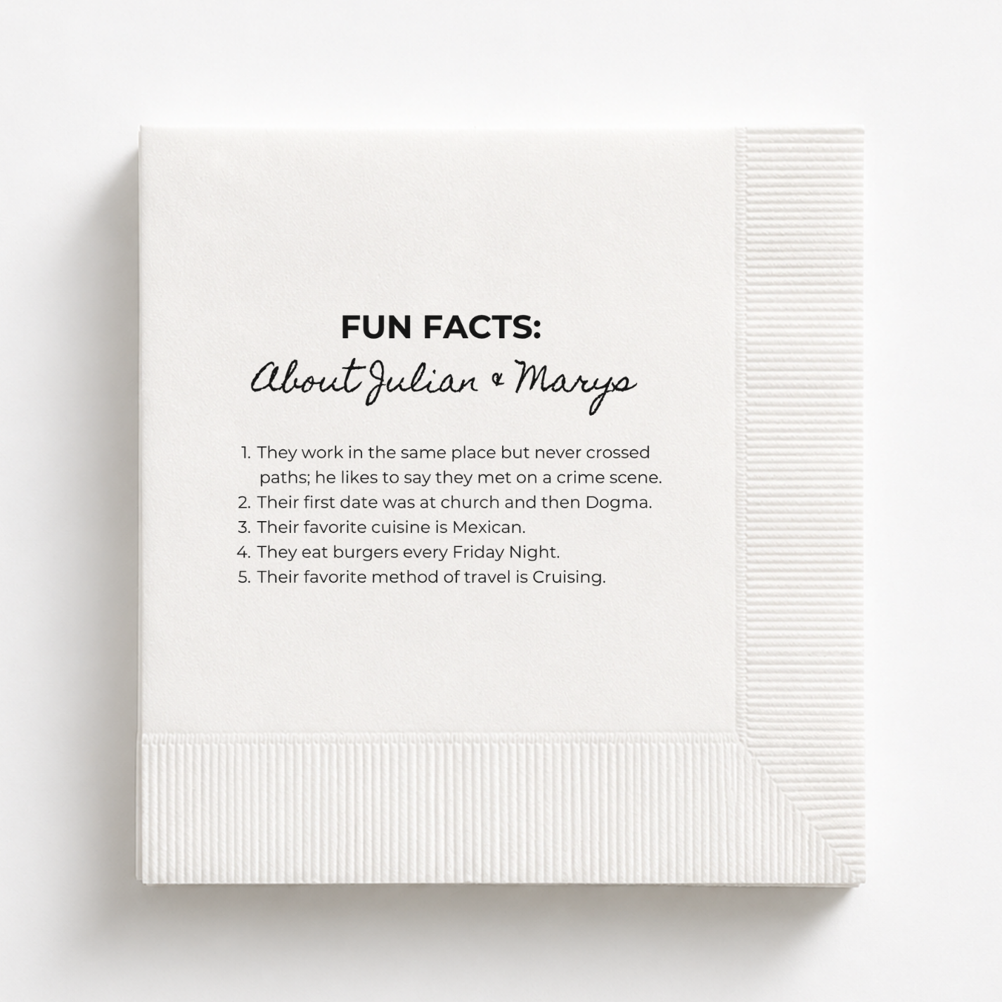 About The Couple Fun Facts | Names & Your Fun Facts | Personalized Wedding Napkins