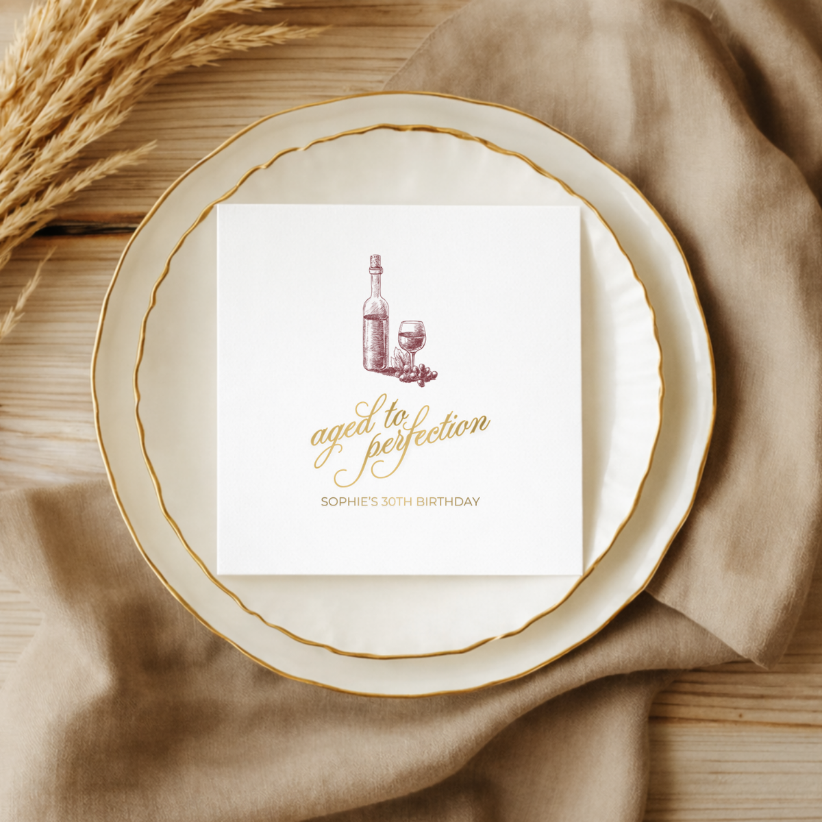 Custom birthday napkins with the Aged to Perfection Vintage Wine Sketch design