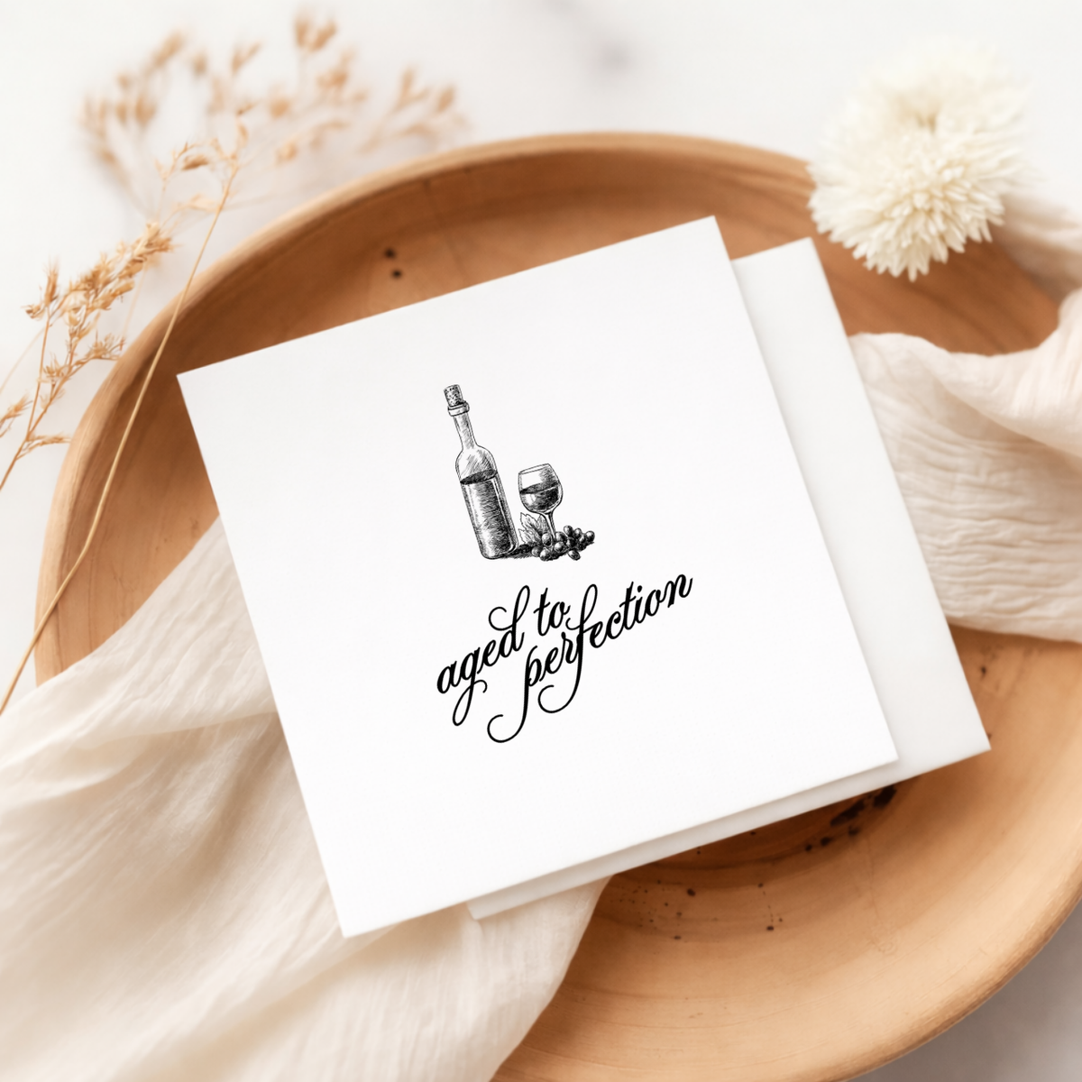 Personalized birthday party napkins with the Aged to Perfection Vintage Wine Sketch design