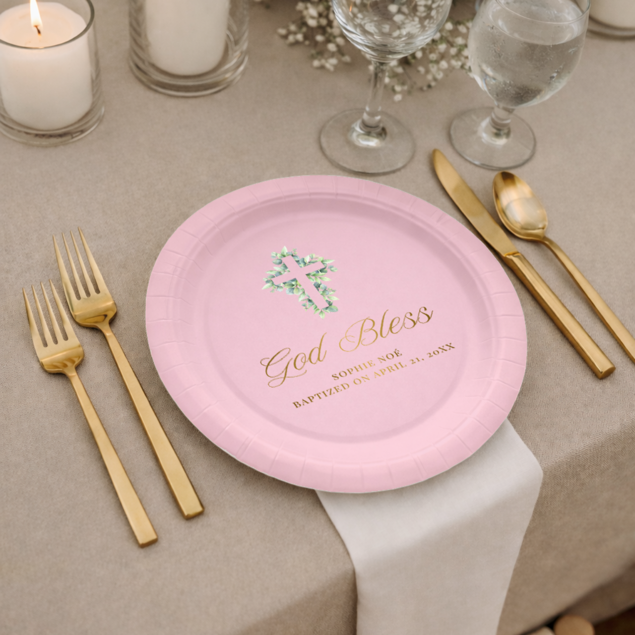 Eucalyptus Cross | Name & Date | Personalized Baptism Plates