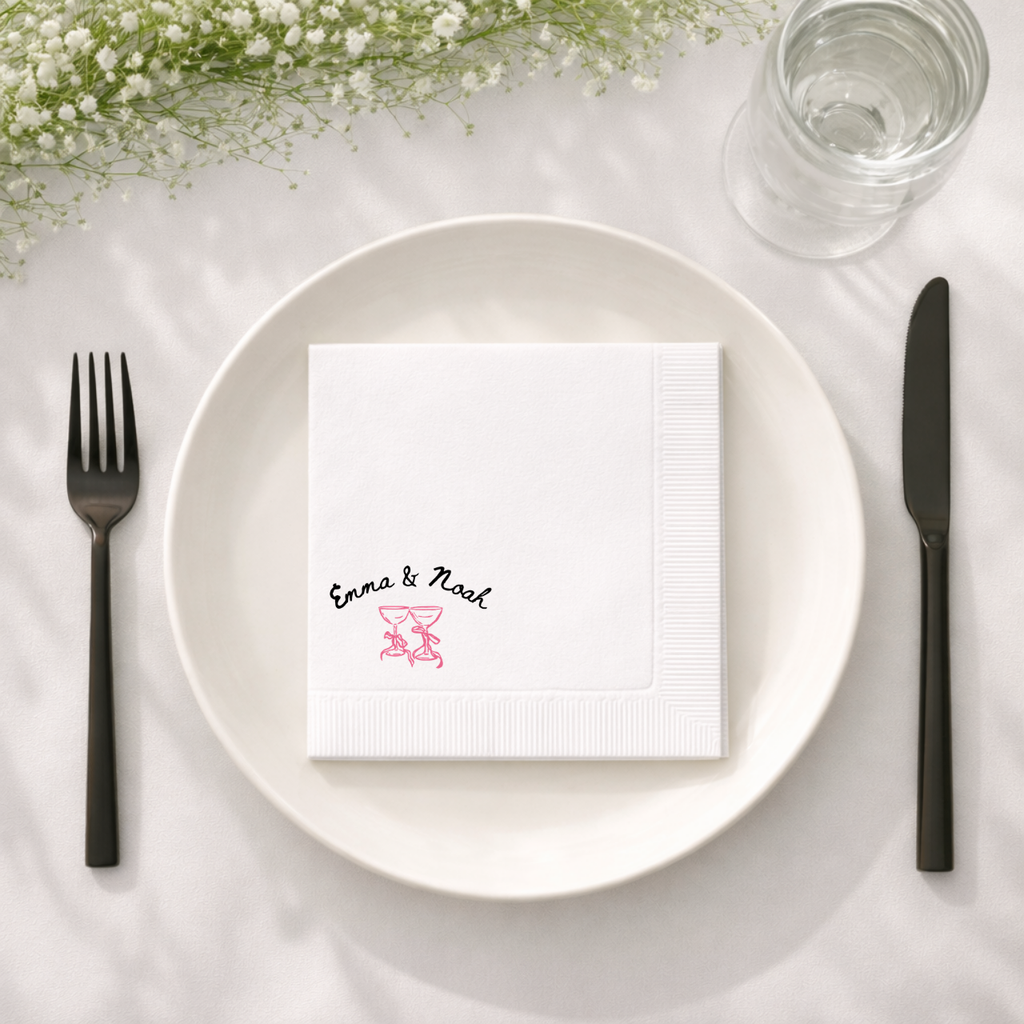 Cheers Coupes & Bows | Names & Date | Personalized Wedding Napkins