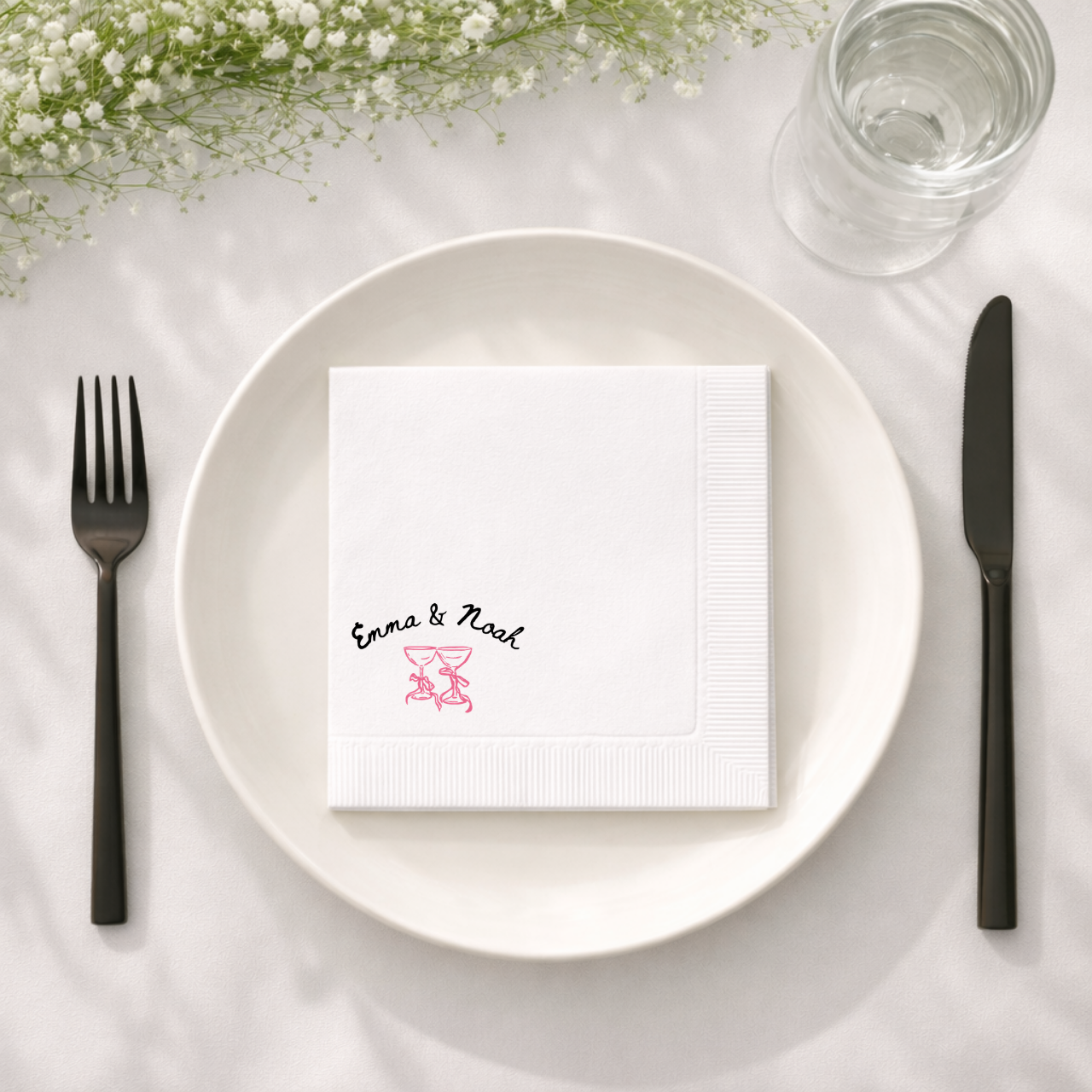 Cheers Coupes & Bows | Names & Date | Personalized Wedding Napkins