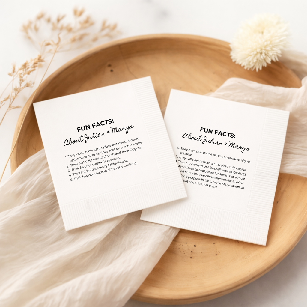 About The Couple Fun Facts | Names & Your Fun Facts | Personalized Wedding Napkins