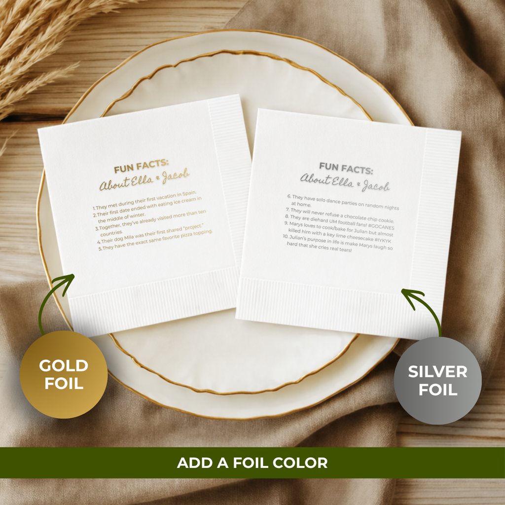 About The Couple Fun Facts | Names & Your Fun Facts | Personalized Wedding Napkins