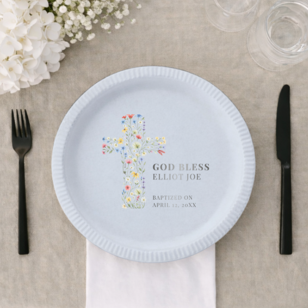 Floral Cross God Bless | Name & Date | Personalized Baptism Plates