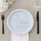 Floral Cross God Bless | Name & Date | Personalized Baptism Plates