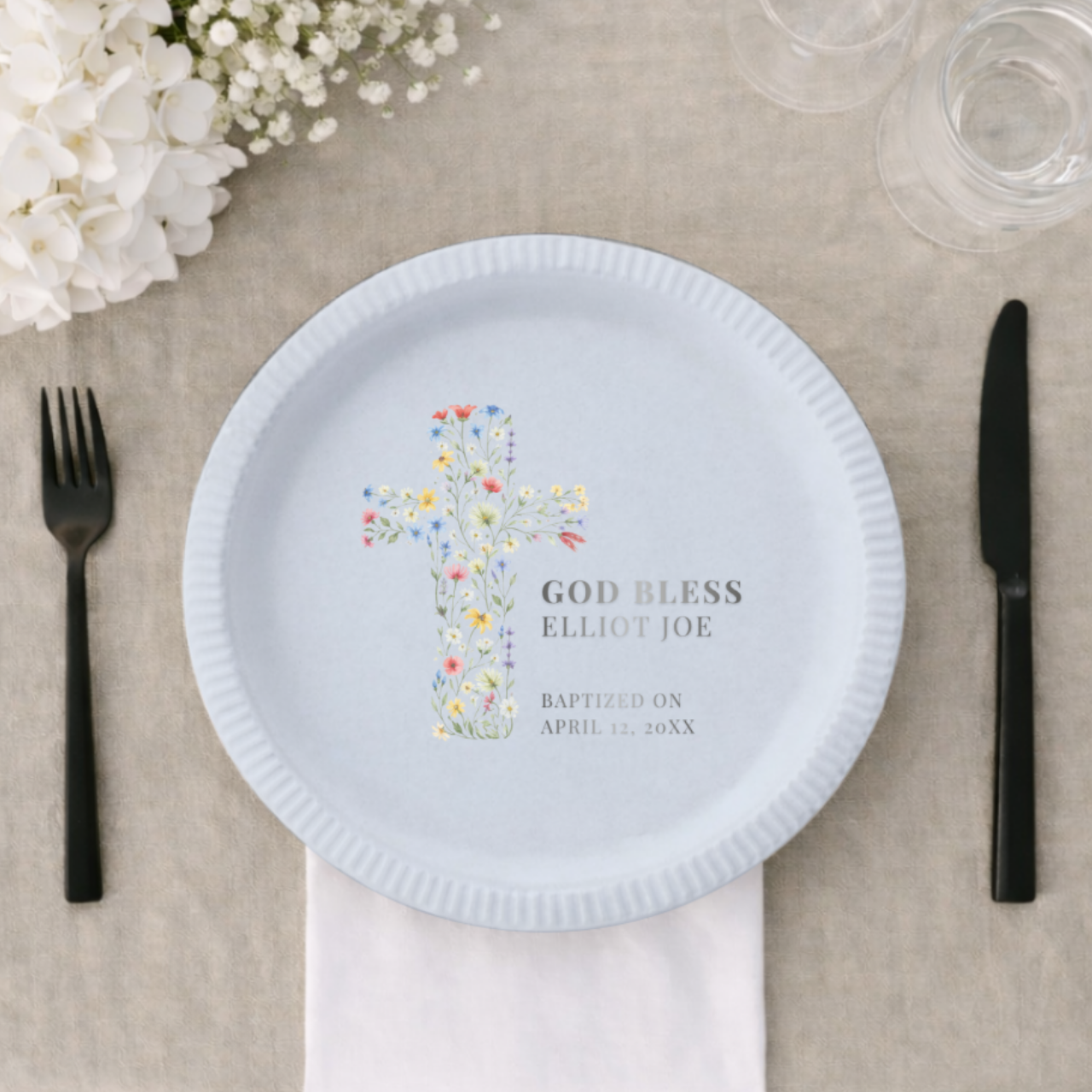 Floral Cross God Bless | Name & Date | Personalized Baptism Plates