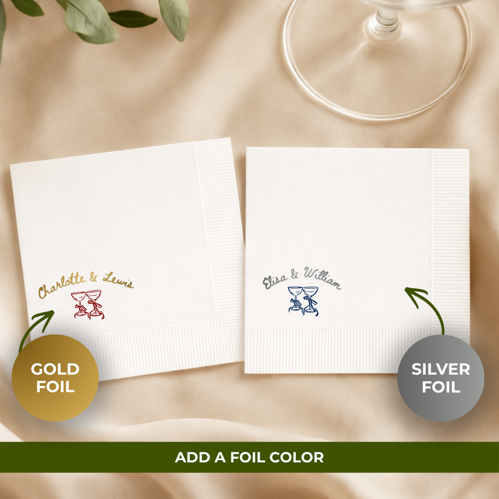 Cheers Coupes & Bows | Names & Date | Personalized Wedding Napkins