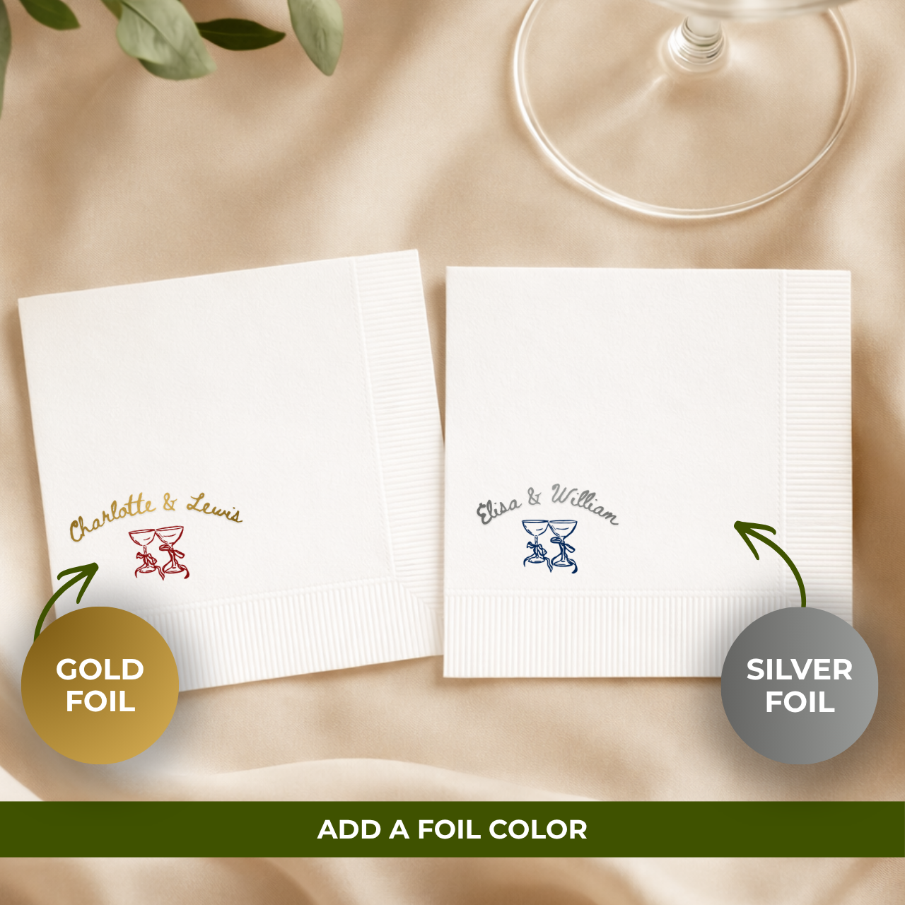 Cheers Coupes & Bows | Names & Date | Personalized Wedding Napkins