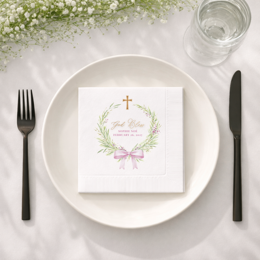 Greenery Wreath & Bow | Name & Date | Personalized Baptism Napkins