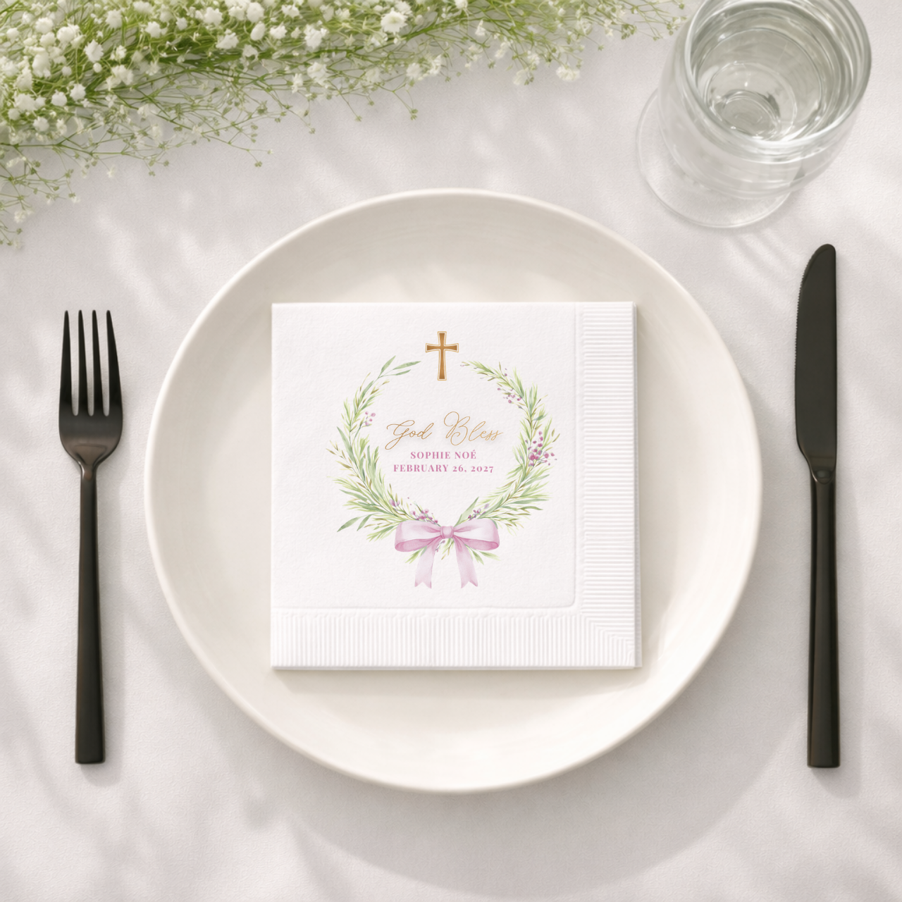 Greenery Wreath & Bow | Name & Date | Personalized Baptism Napkins