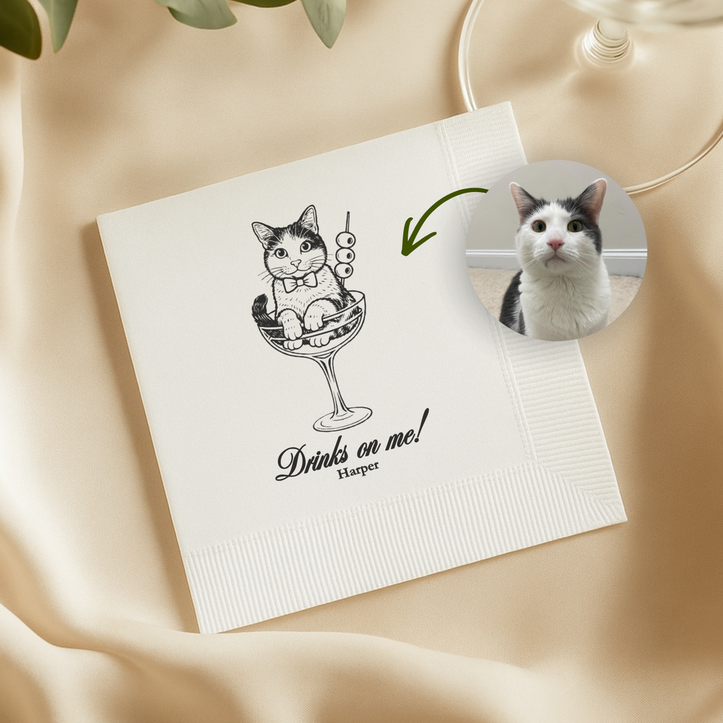 Cat in a Glass Drinks on Me | Custom Cat Wedding Napkins