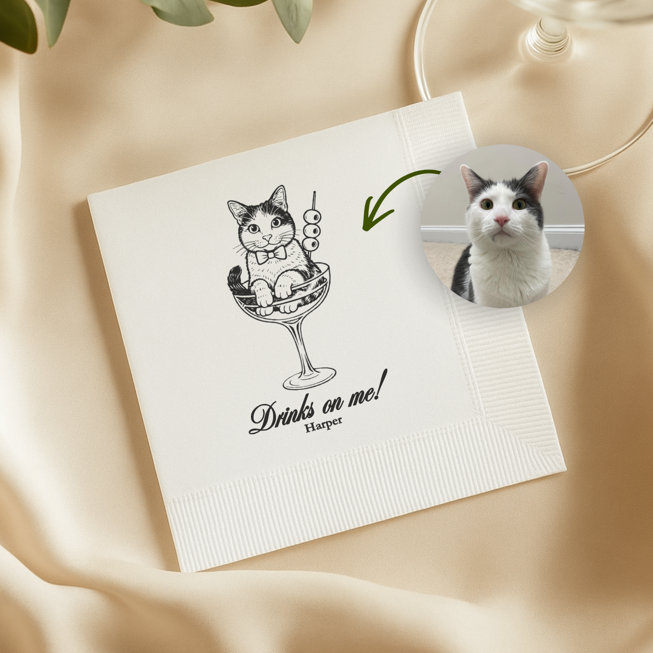 Cat in a Glass Drinks on Me | Custom Cat Wedding Napkins