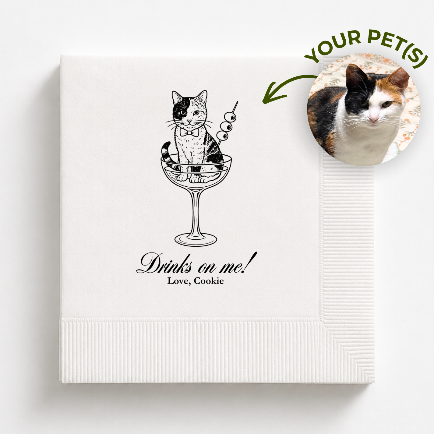 Cat in a Glass Drinks on Me | Custom Cat Wedding Napkins