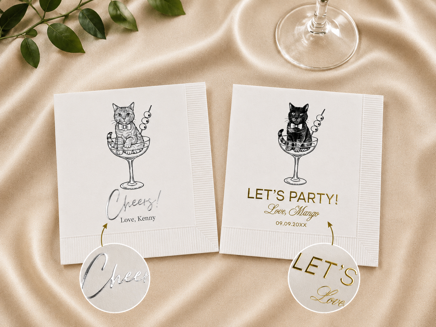 Cat in a Glass Drinks on Me | Custom Cat Wedding Napkins