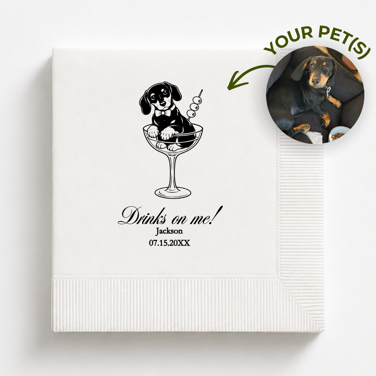 Dog in a Glass Drinks on Me | Custom Dog Wedding Napkins