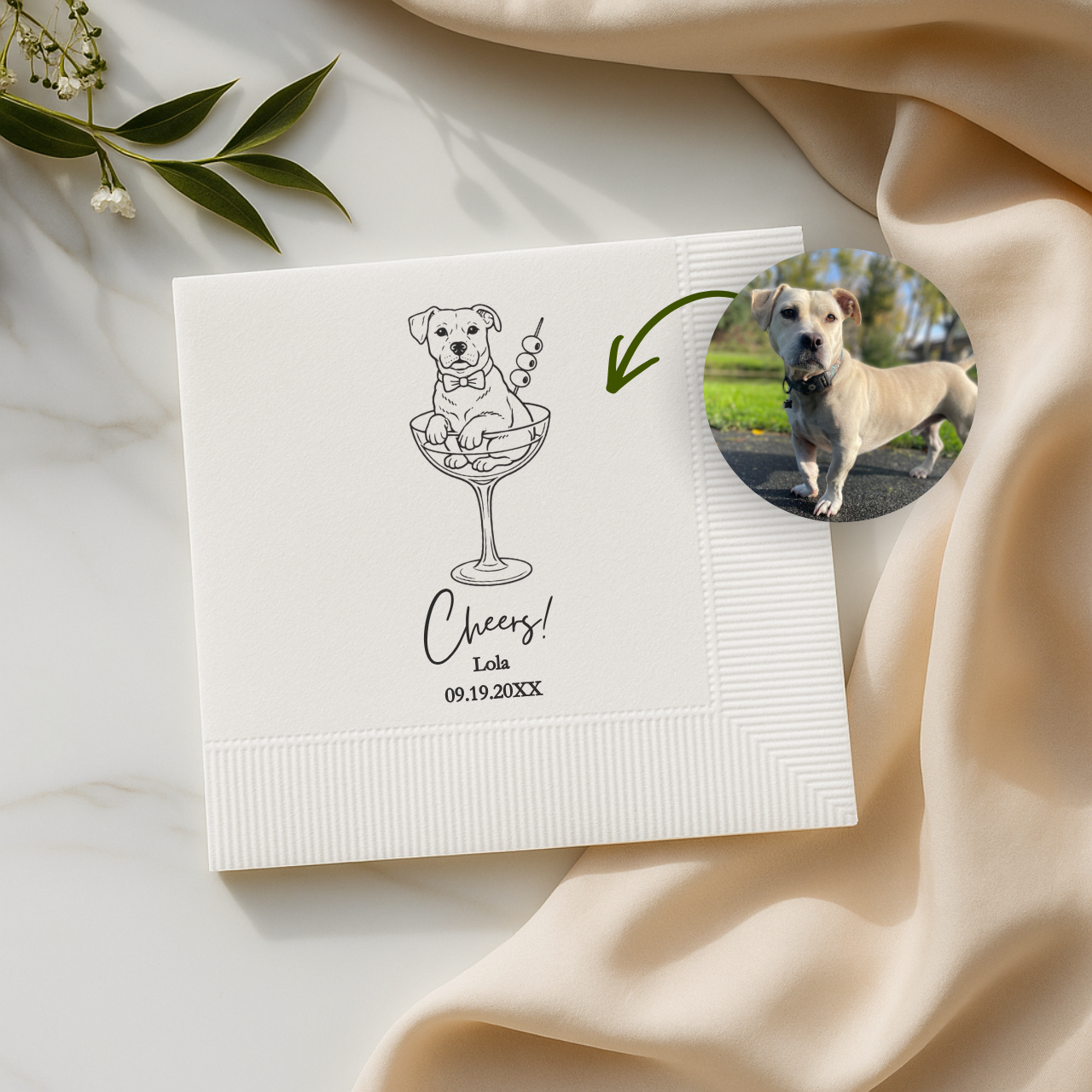 Dog in a Glass Drinks on Me | Custom Dog Wedding Napkins