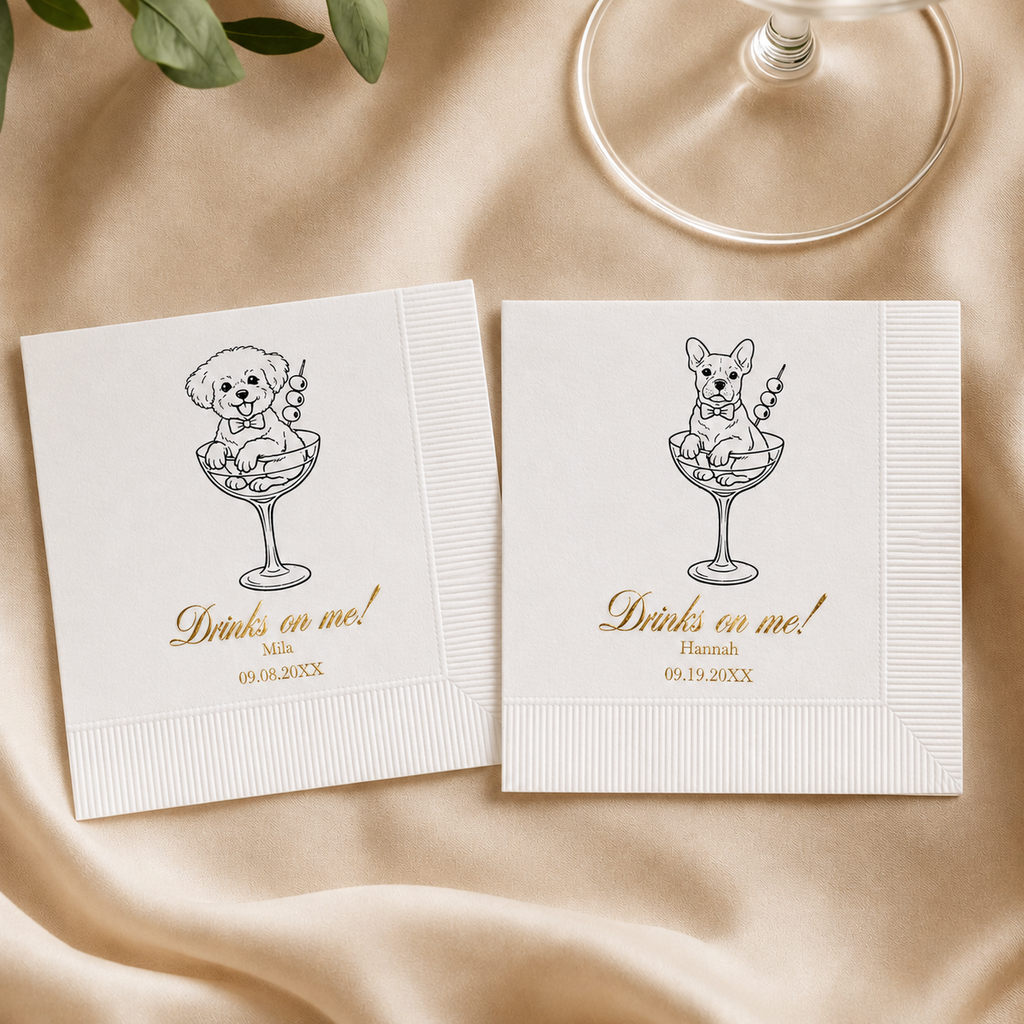 Dog in a Glass Drinks on Me | Custom Dog Wedding Napkins