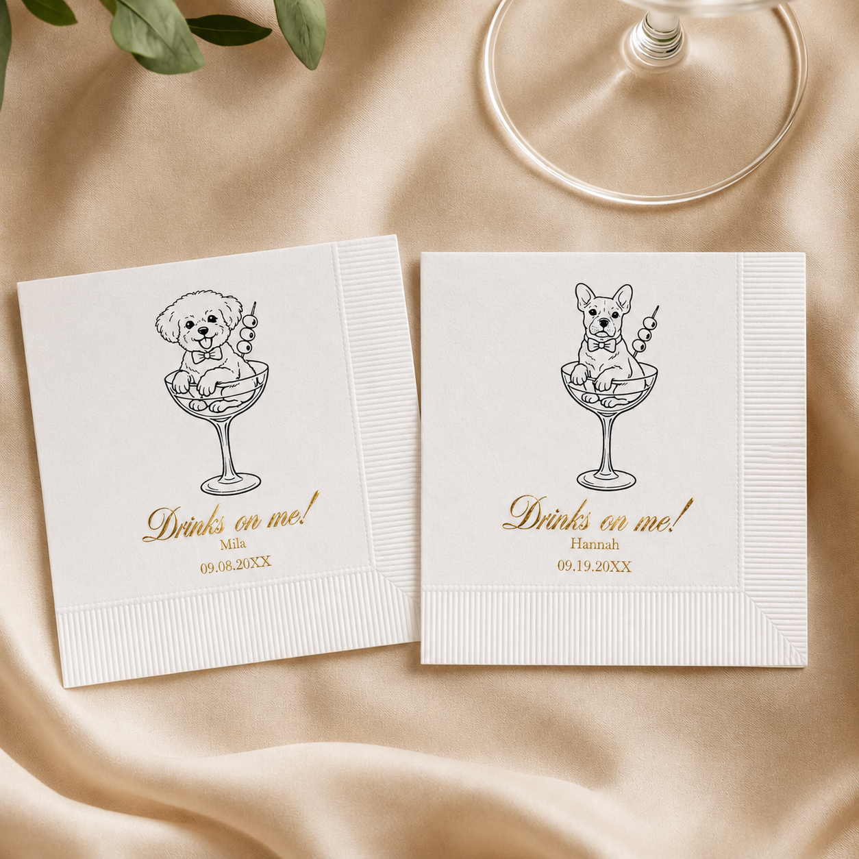 Dog in a Glass Drinks on Me | Custom Dog Wedding Napkins