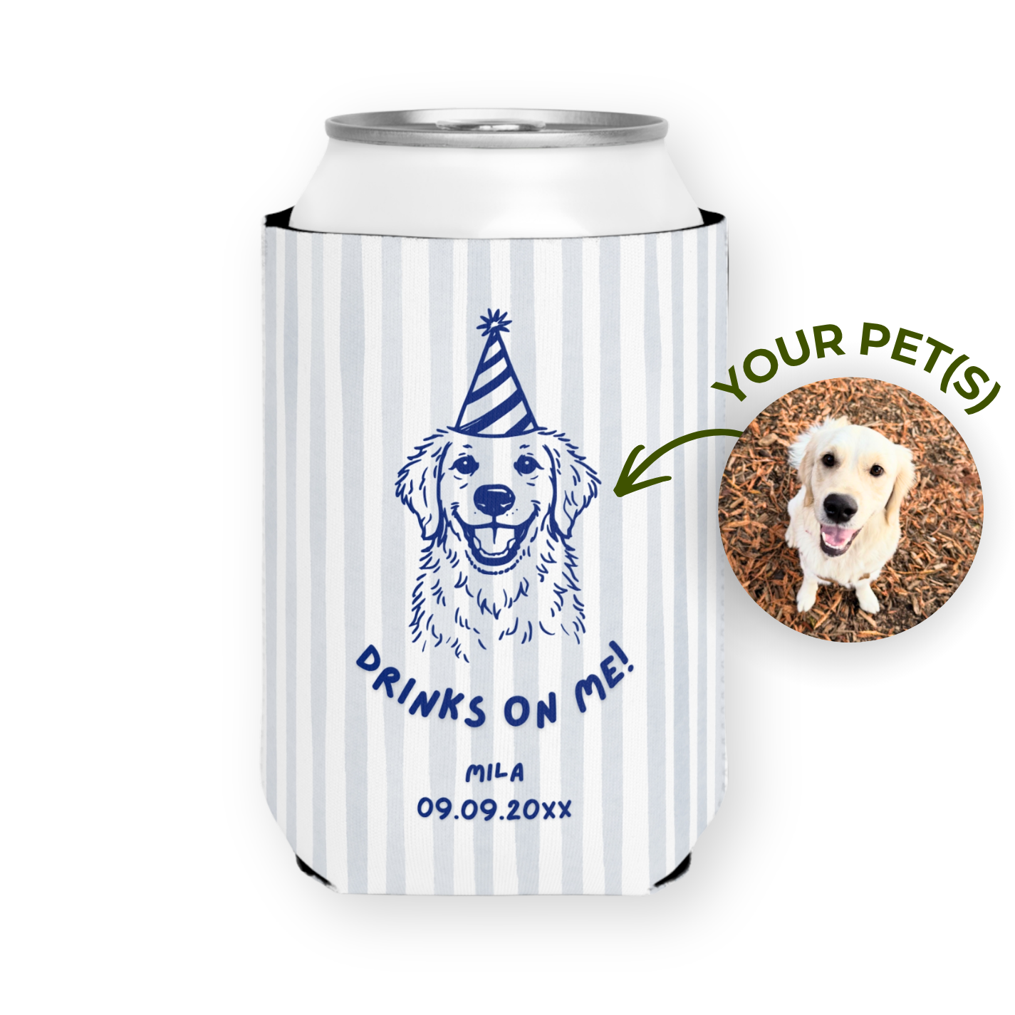 Drinks on Me Pet Portrait | Custom Dog Wedding Can Coolers