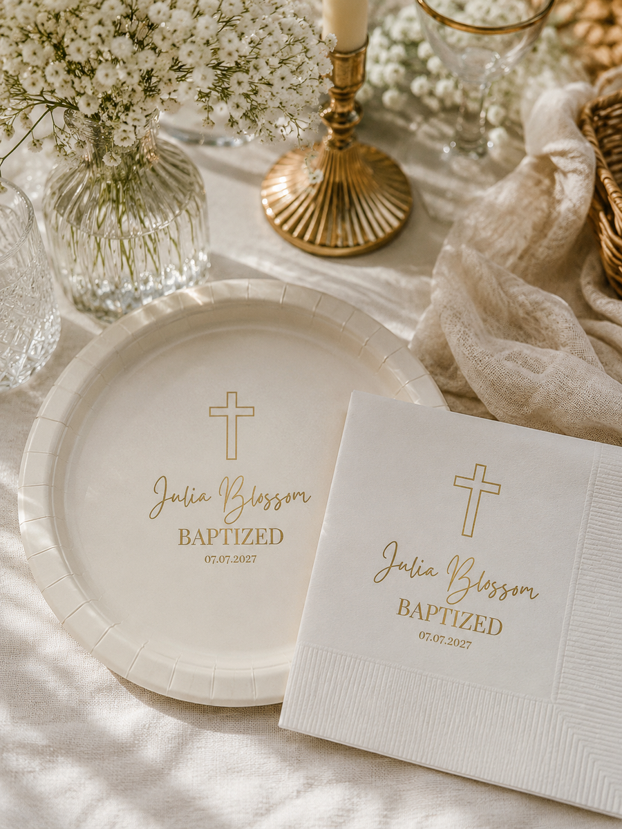 Blue Outline Cross | Name & Date | Personalized Baptism Plates